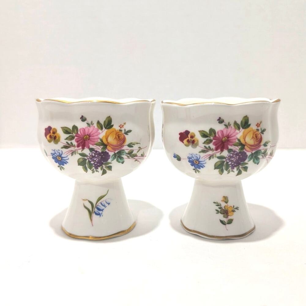 Minton Marlow Double Egg Cups Pair Bone China England Floral Gold Vtg
